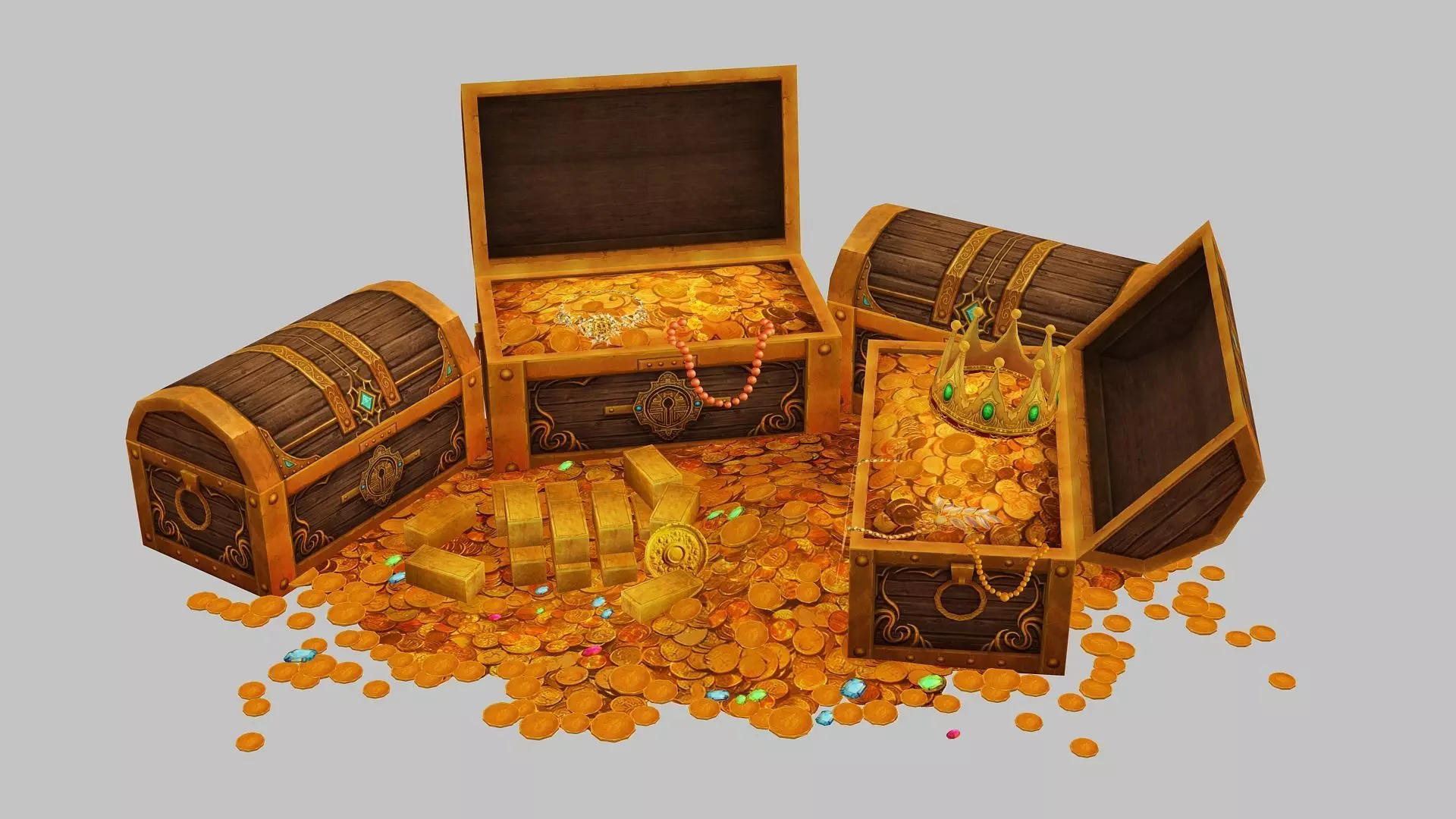  treasure box gold coin jewelry gem Low-poly 3D model_0