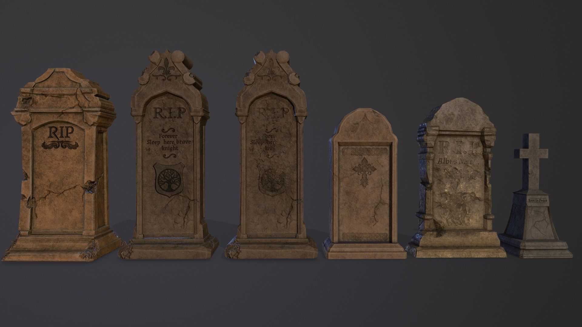 Gravestones Collection 7 models Low-poly 3D model_2