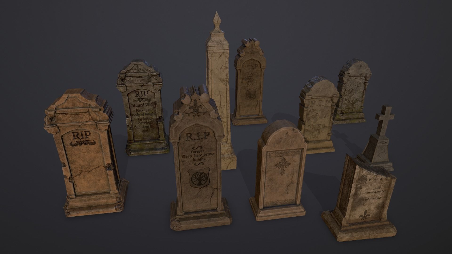 Gravestones Collection 7 models Low-poly 3D model_1