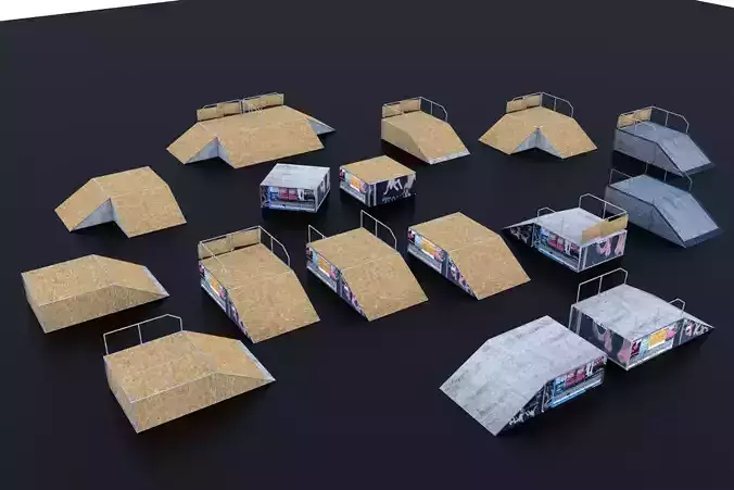 Skate Park Extreme sports fun boxes ramps wood and metal pack Low-poly 3D model