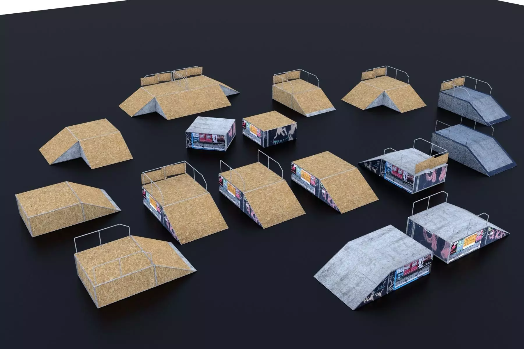 Skate Park Extreme sports fun boxes ramps wood and metal pack Low-poly 3D model