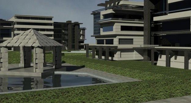 complex apartment building with swimming pool 3D model_7