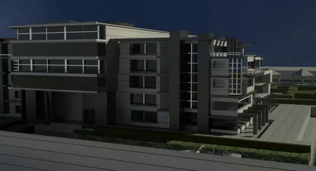 complex apartment building with swimming pool 3D model_0