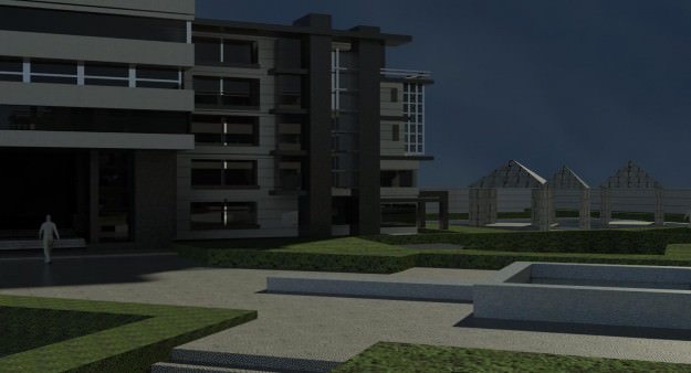 complex apartment building with swimming pool 3D model_1