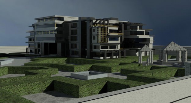 complex apartment building with swimming pool 3D model_2