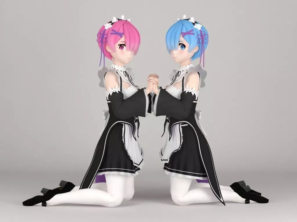 Ram and Rem anime girls pose 03 3D model