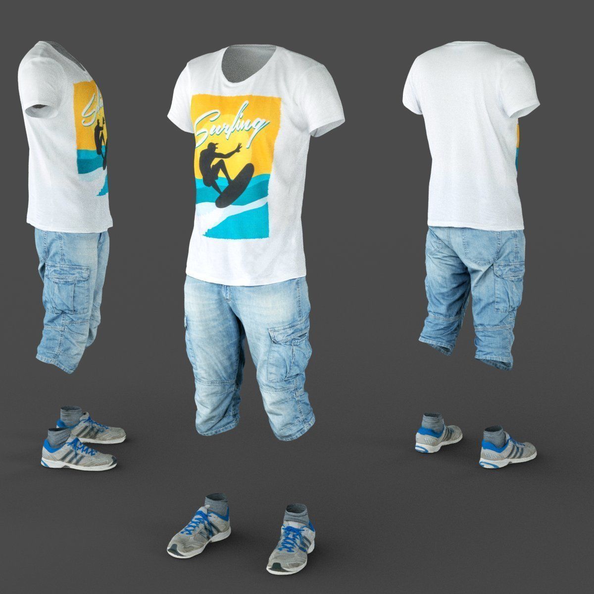 Male Casual Outfit 48 Tshirt Shorts Footwear Low-poly 3D model_3