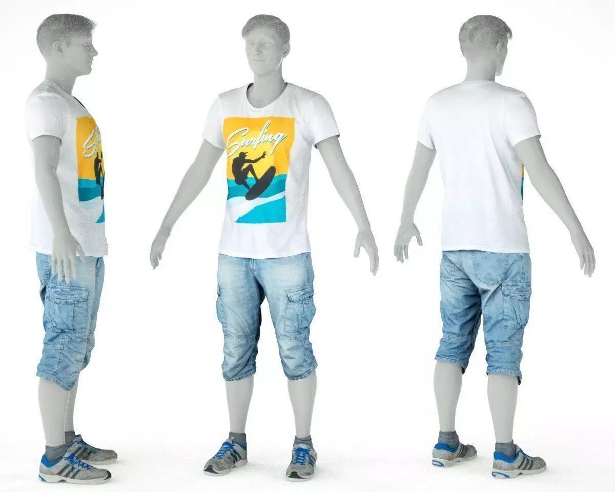Male Casual Outfit 48 Tshirt Shorts Footwear Low-poly 3D model_0
