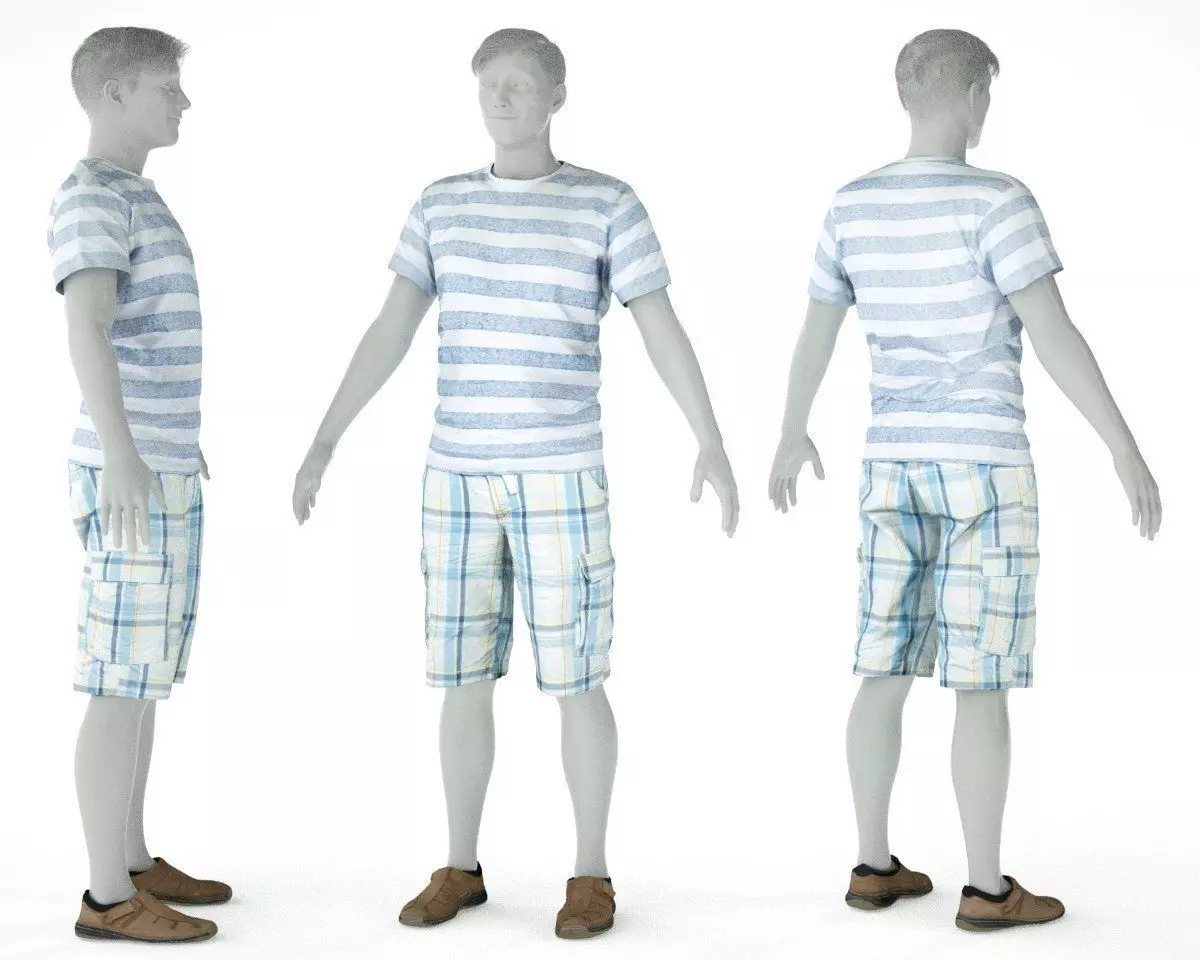 Male Casual Outfit 49 Tshirt Shorts Footwear Low-poly 3D model_0