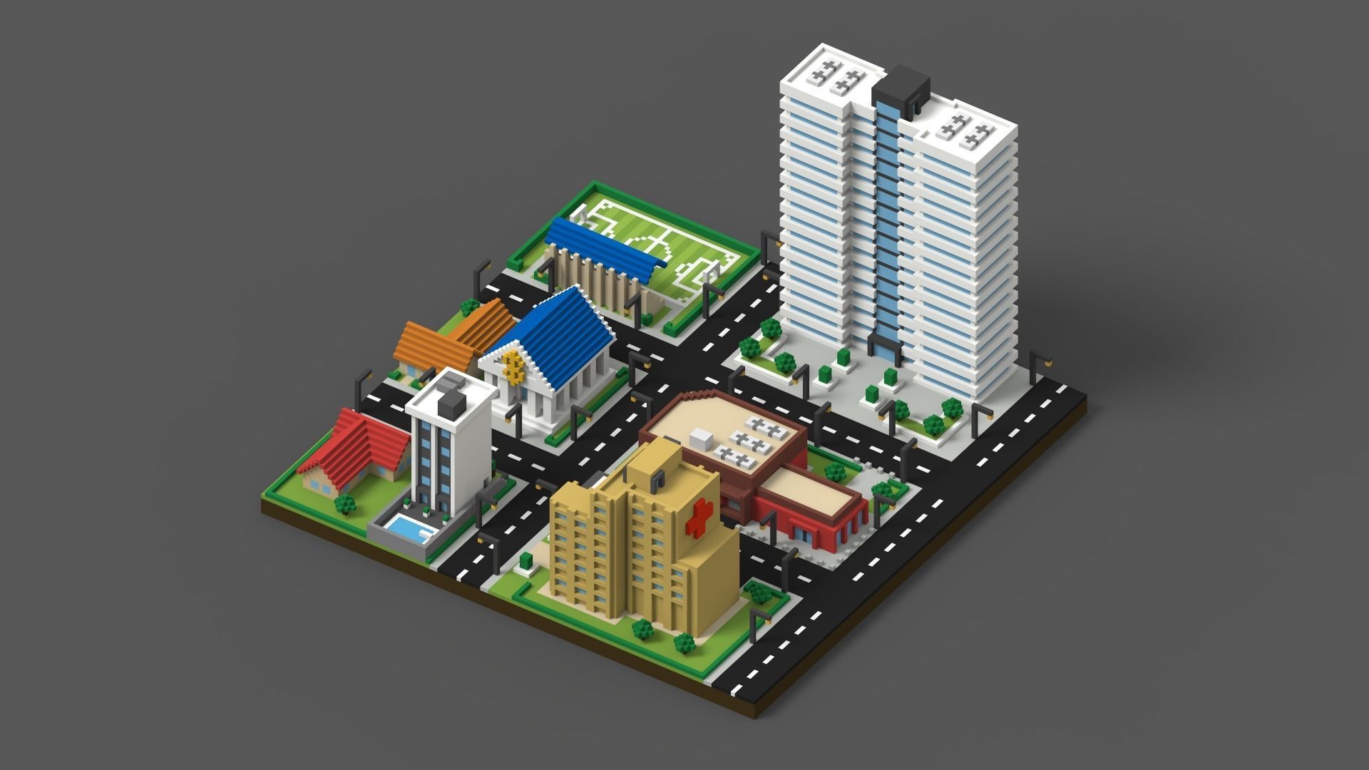 Voxel City Low-poly 3D model_4