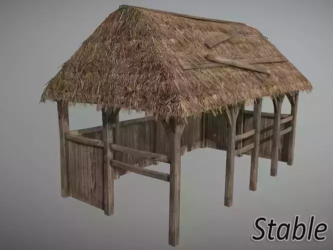 Stable2 wooden structure with thatched roof Low-poly 3D model