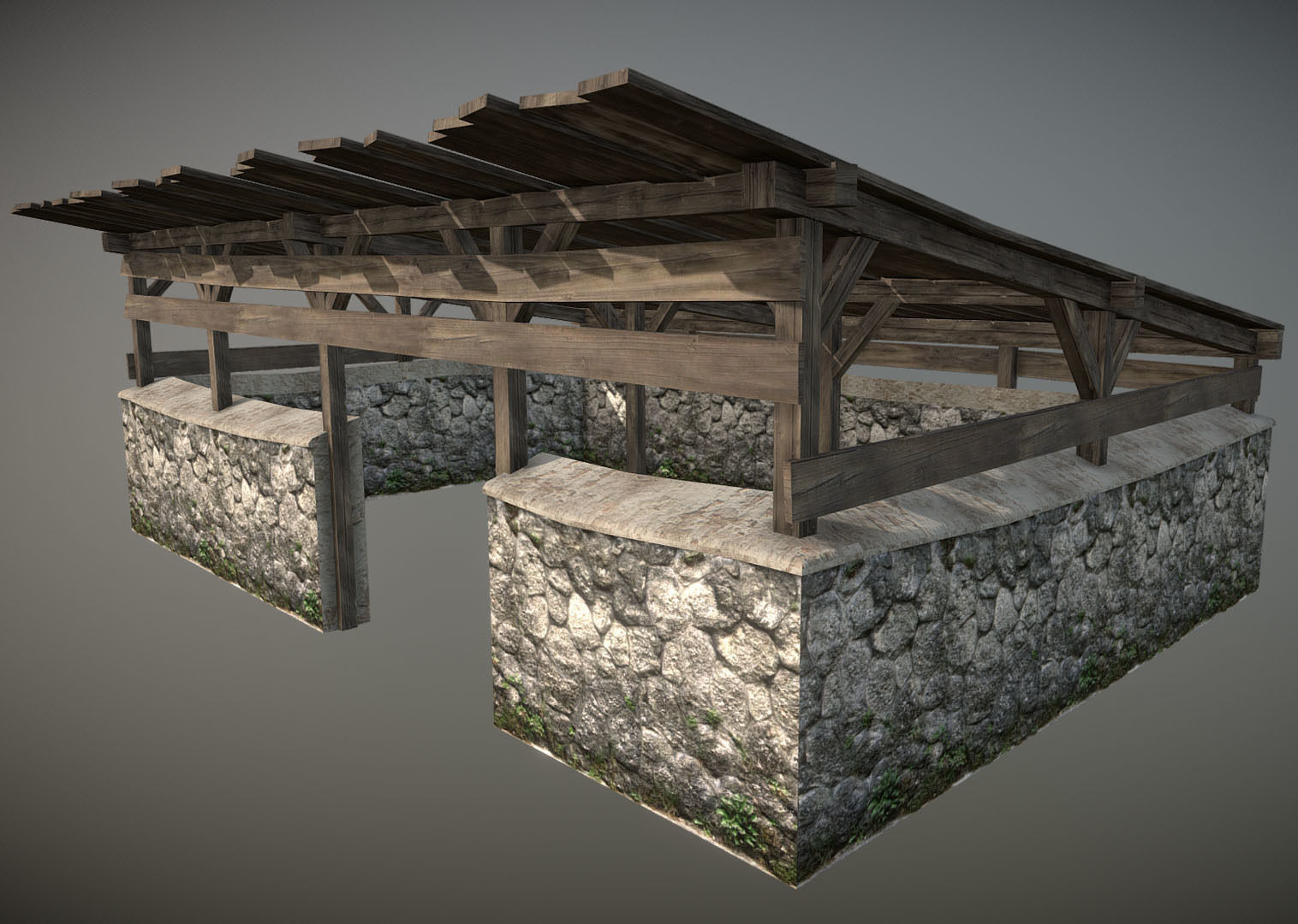 Stable1 stone structure with wooden roof Low-poly 3D model_2