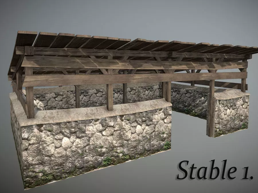 Stable1 stone structure with wooden roof Low-poly 3D model_0
