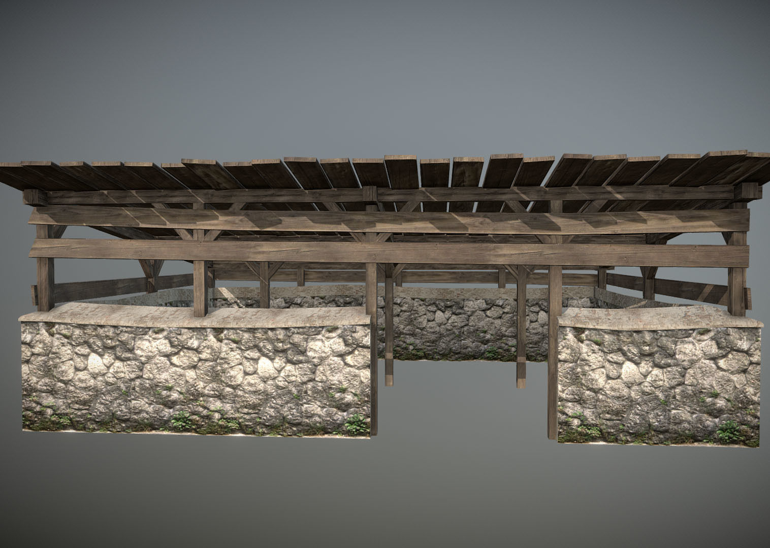 Stable1 stone structure with wooden roof Low-poly 3D model_1