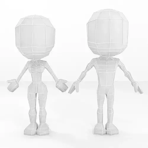 Human female and male cartoon low poly base mesh set 3D Model Collection