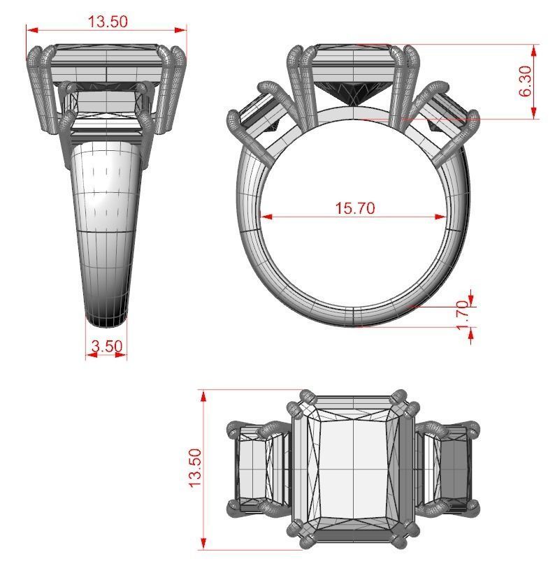 Stylish ring with three stones 422 3D print model_12