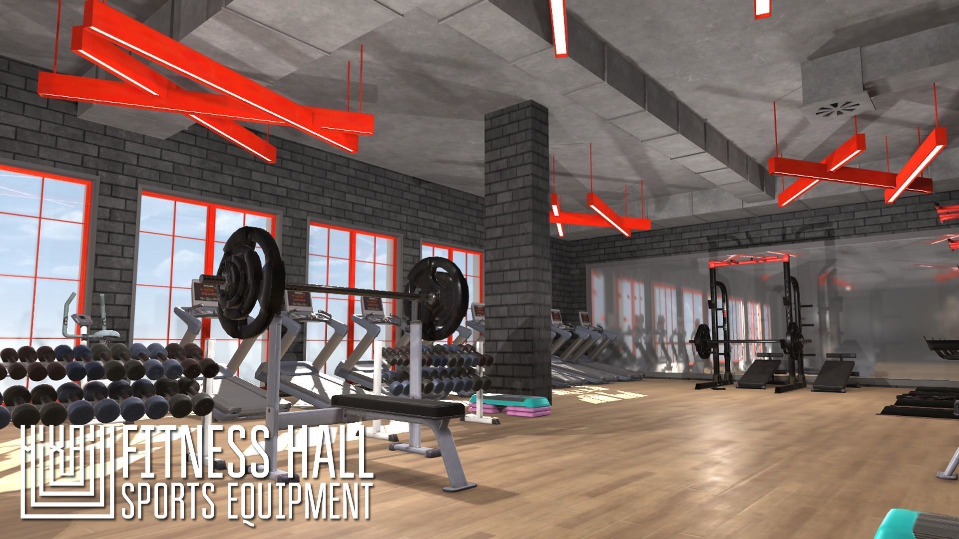 Fitness hall - sports equipment 3D model_7