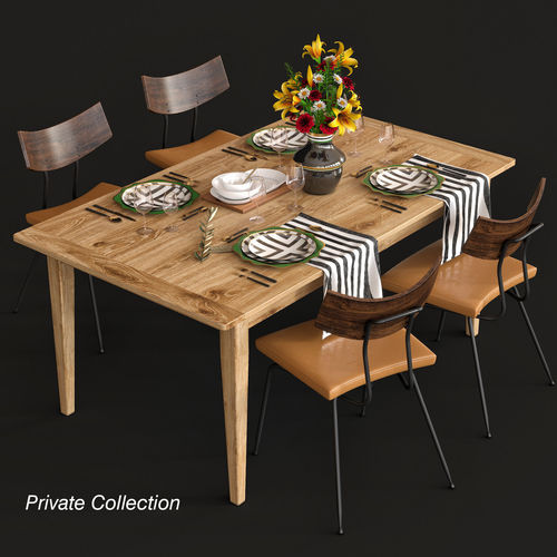 Dining table and chairs and serving 3D model