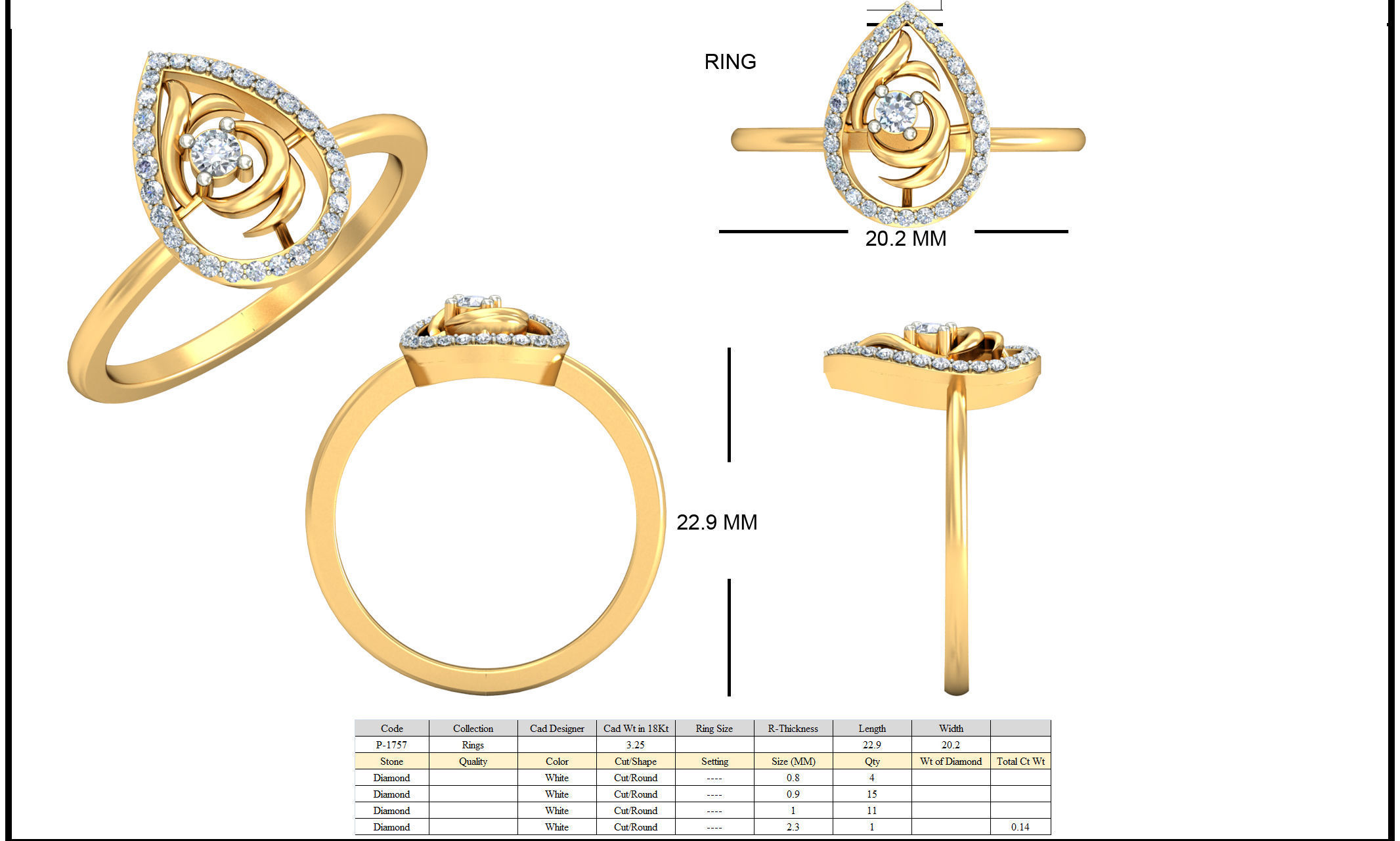 Drop Shaped Gold Ring With Diamonds 9 3D print model_1