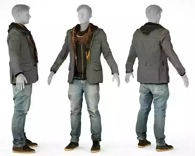 Male Casual Outfit 64 Jacket Scarf Jeans Shoes Low-poly 3D model