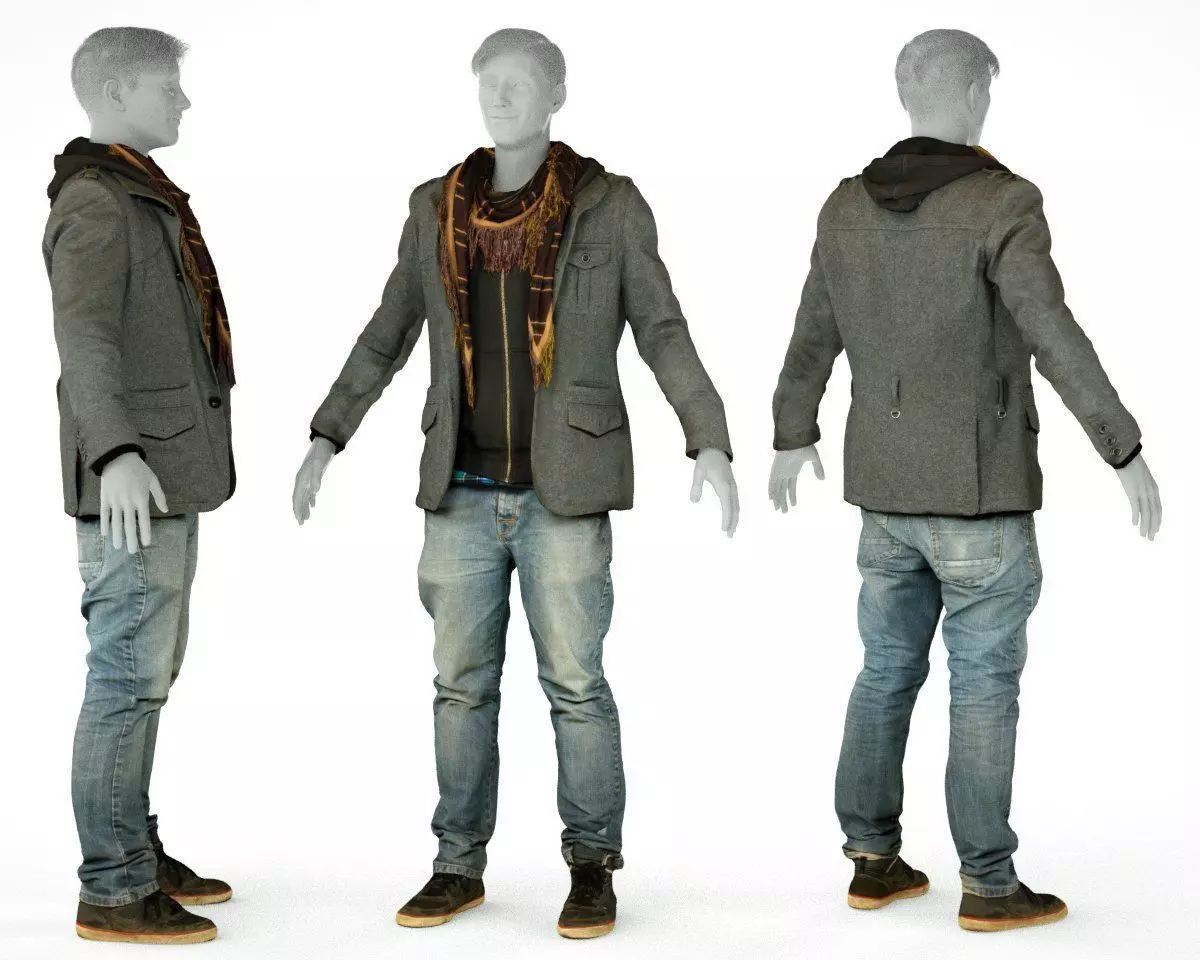 Male Casual Outfit 64 Jacket Scarf Jeans Shoes Low-poly 3D model_0