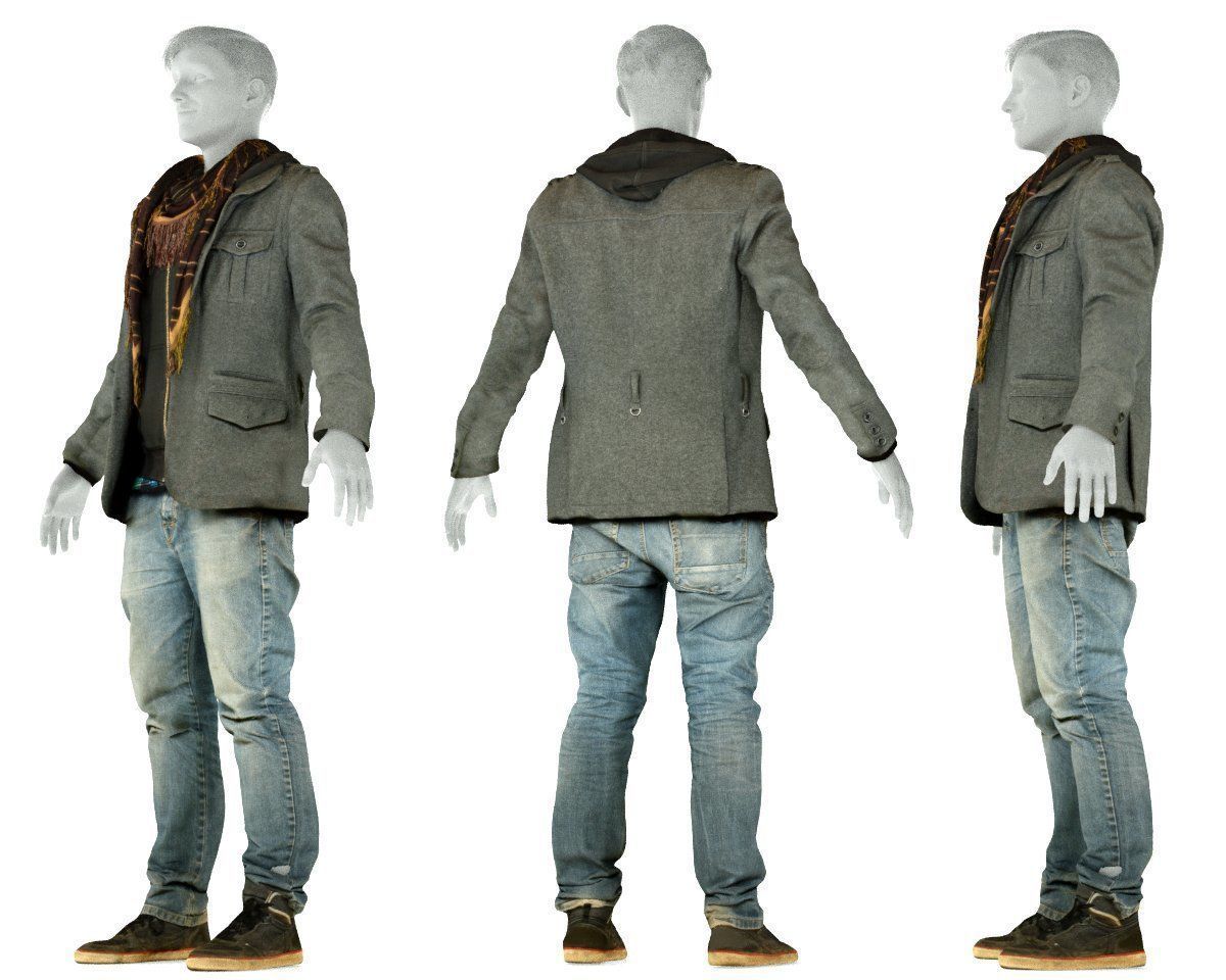 Male Casual Outfit 64 Jacket Scarf Jeans Shoes Low-poly 3D model_8