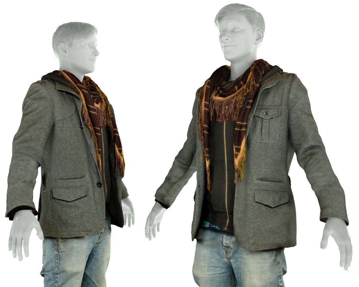 Male Casual Outfit 64 Jacket Scarf Jeans Shoes Low-poly 3D model_1