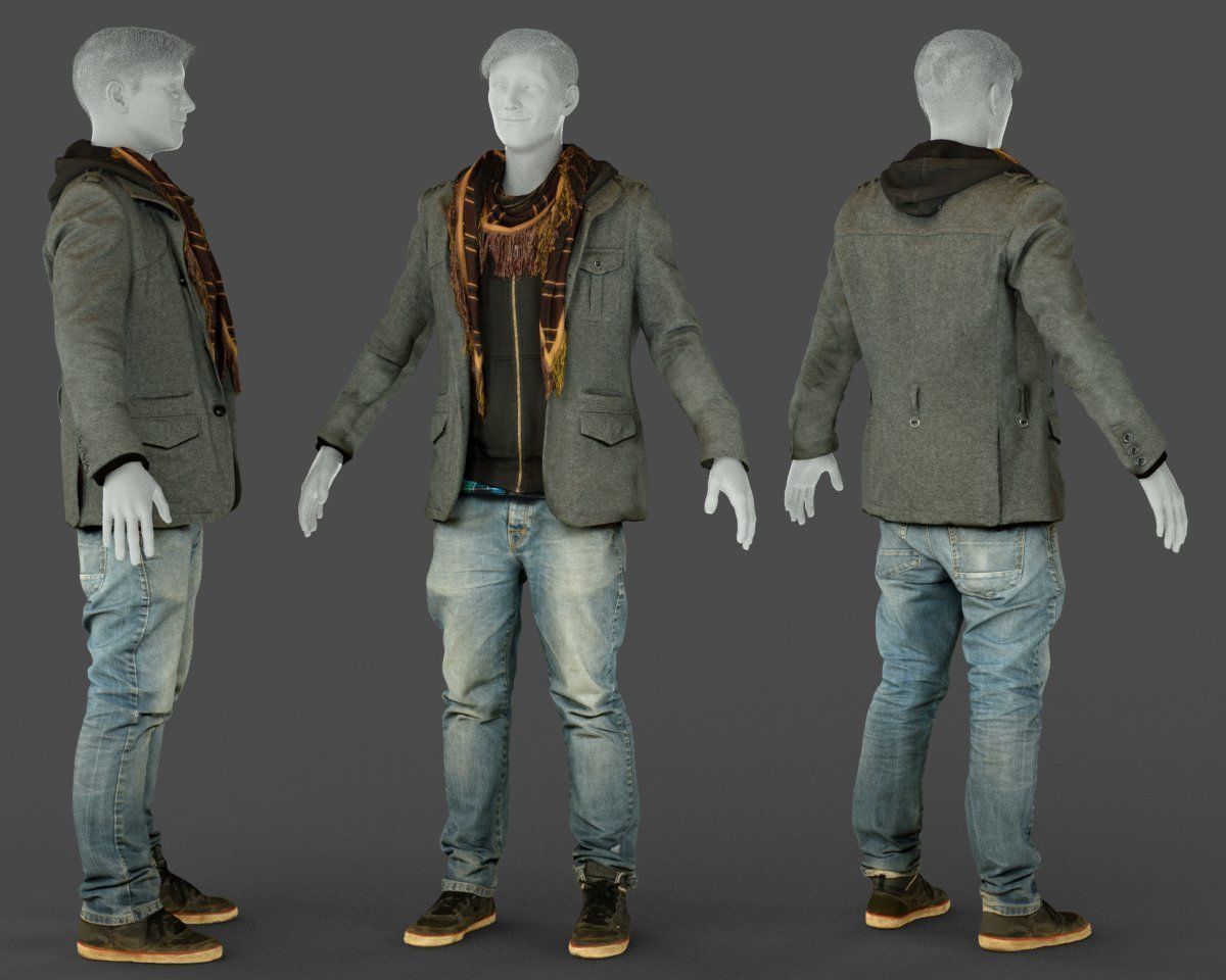 Male Casual Outfit 64 Jacket Scarf Jeans Shoes Low-poly 3D model_6