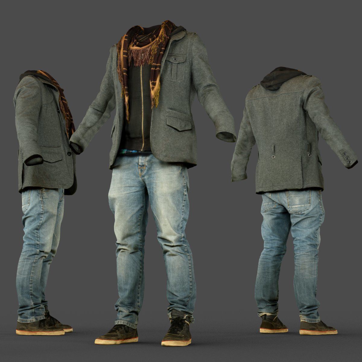 Male Casual Outfit 64 Jacket Scarf Jeans Shoes Low-poly 3D model_3