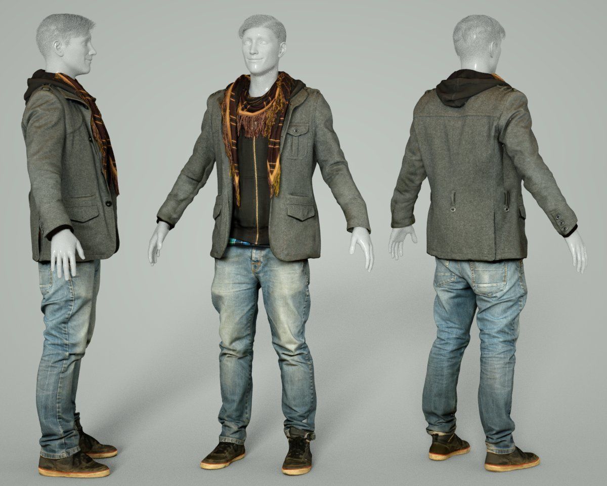 Male Casual Outfit 64 Jacket Scarf Jeans Shoes Low-poly 3D model_7