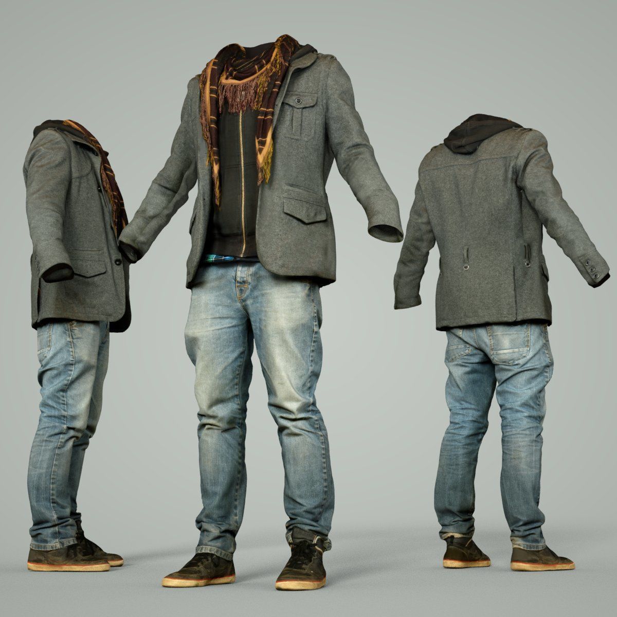 Male Casual Outfit 64 Jacket Scarf Jeans Shoes Low-poly 3D model_5