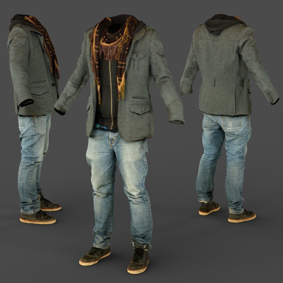 Male Casual Outfit 64 Jacket Scarf Jeans Shoes Low-poly 3D model_2