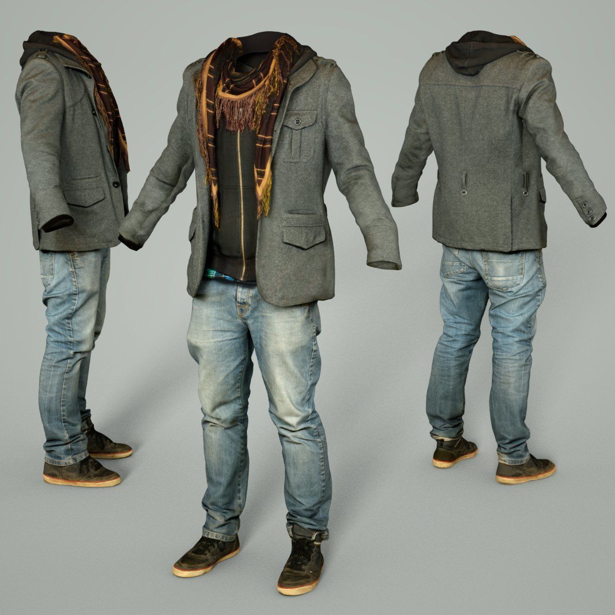 Male Casual Outfit 64 Jacket Scarf Jeans Shoes Low-poly 3D model_4