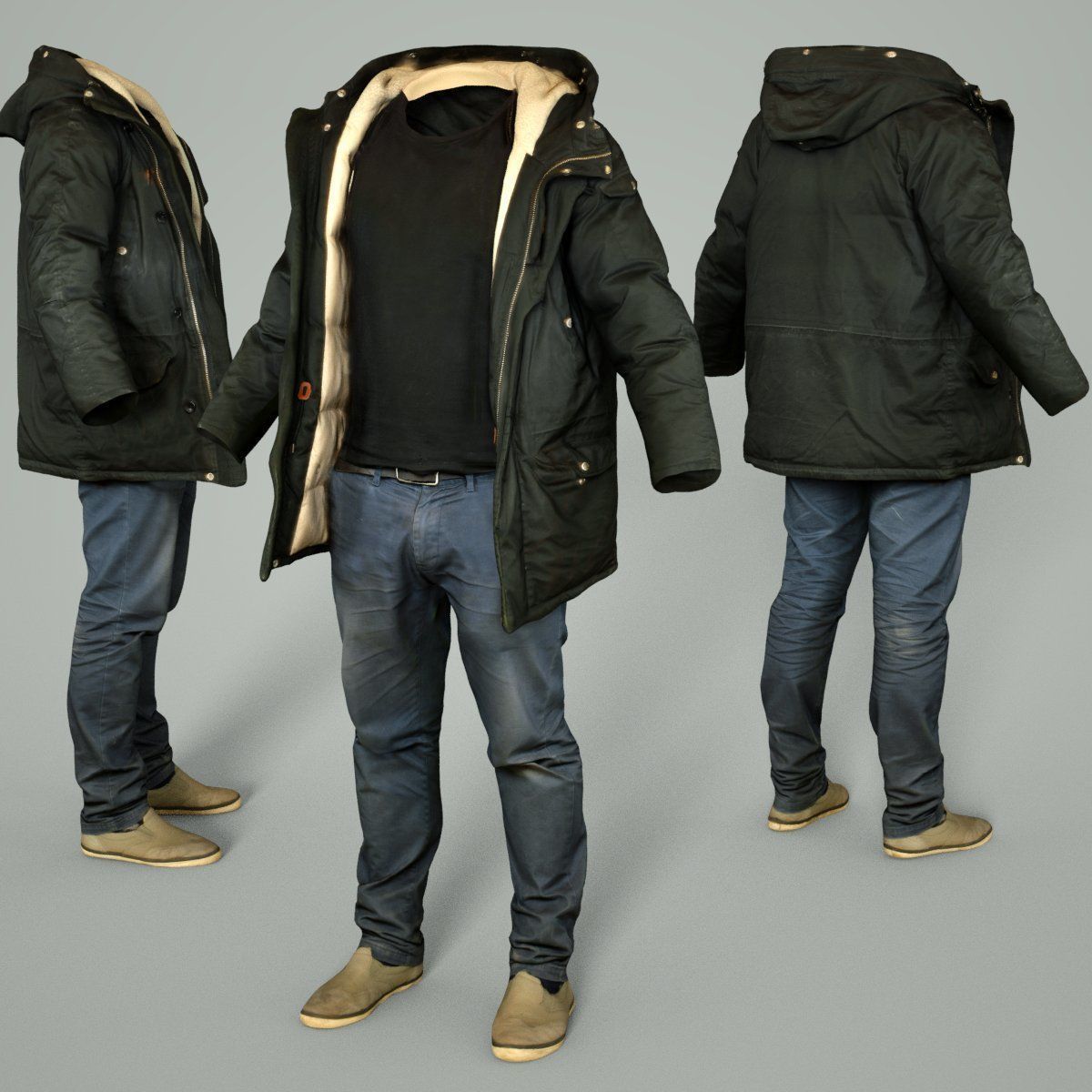 Male Casual Outfit 65 Coat Jeans Footwear Low-poly 3D model_4