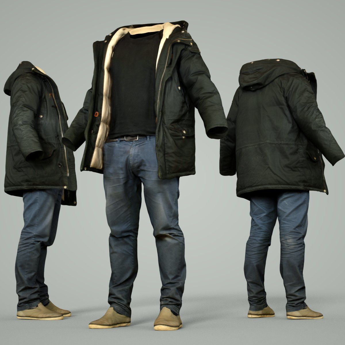Male Casual Outfit 65 Coat Jeans Footwear Low-poly 3D model_7