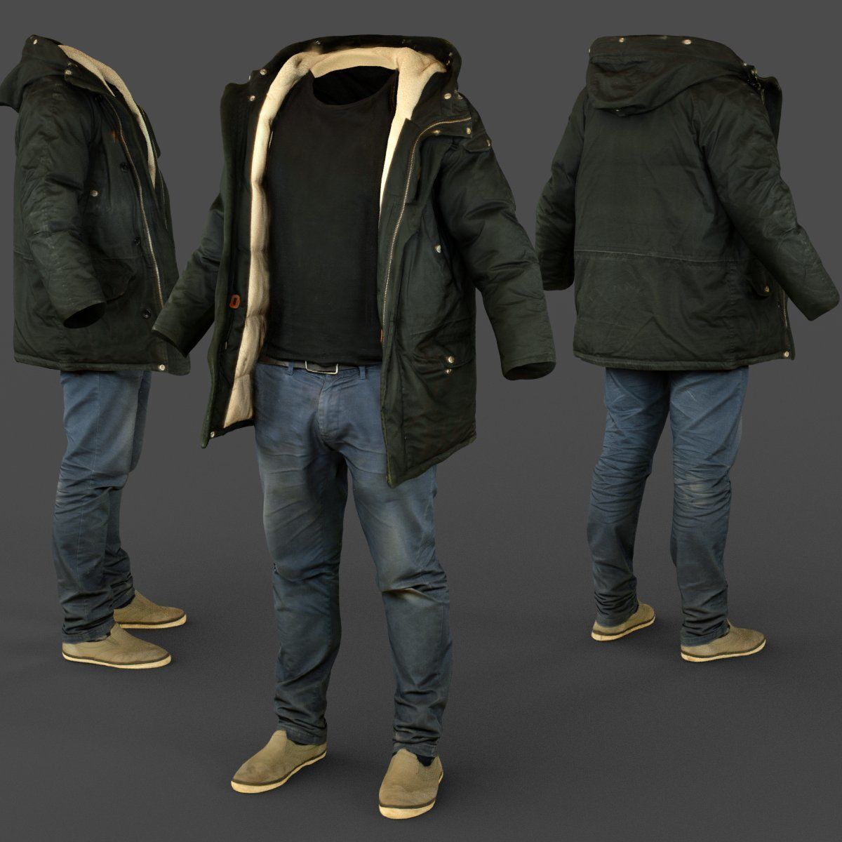 Male Casual Outfit 65 Coat Jeans Footwear Low-poly 3D model_2