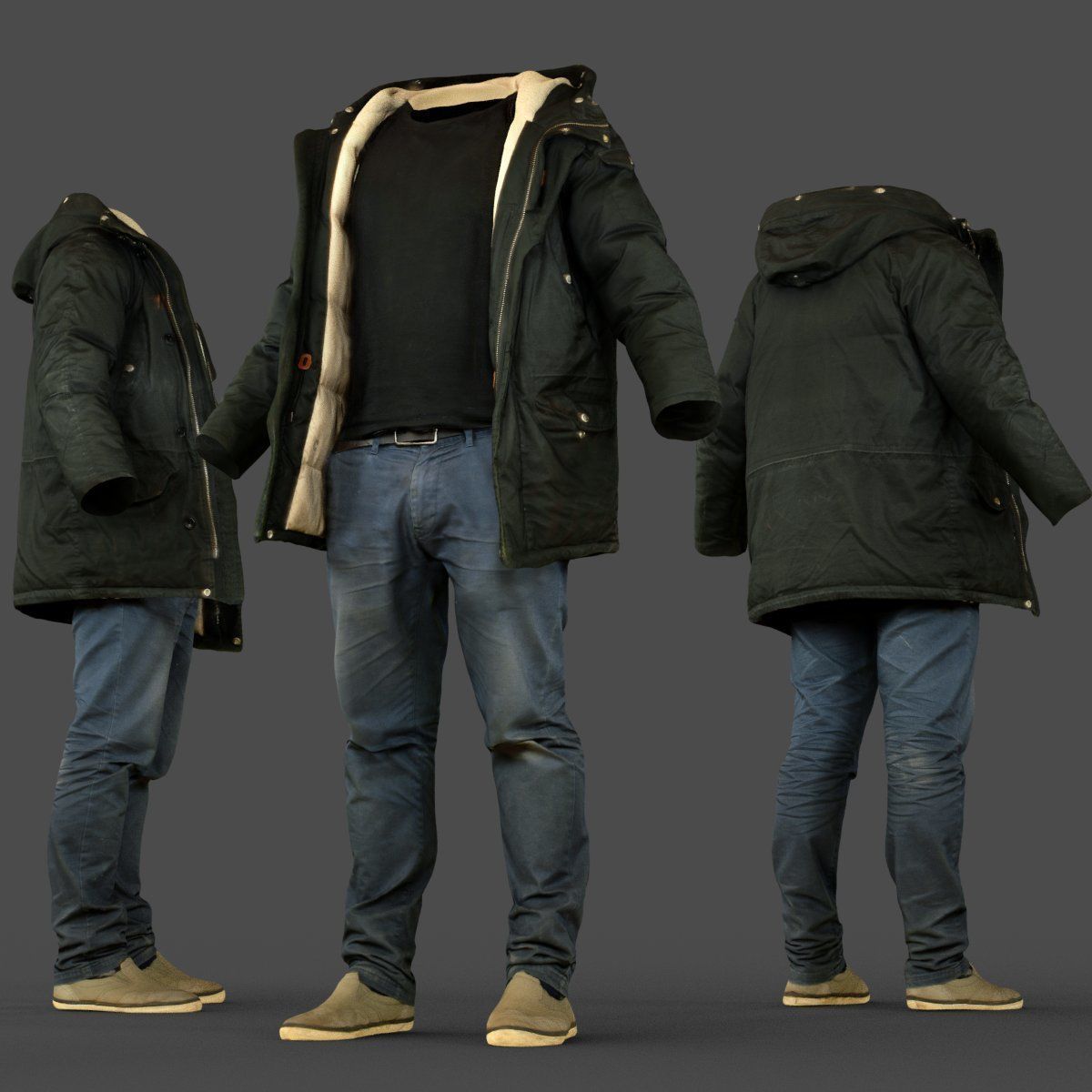 Male Casual Outfit 65 Coat Jeans Footwear Low-poly 3D model_3