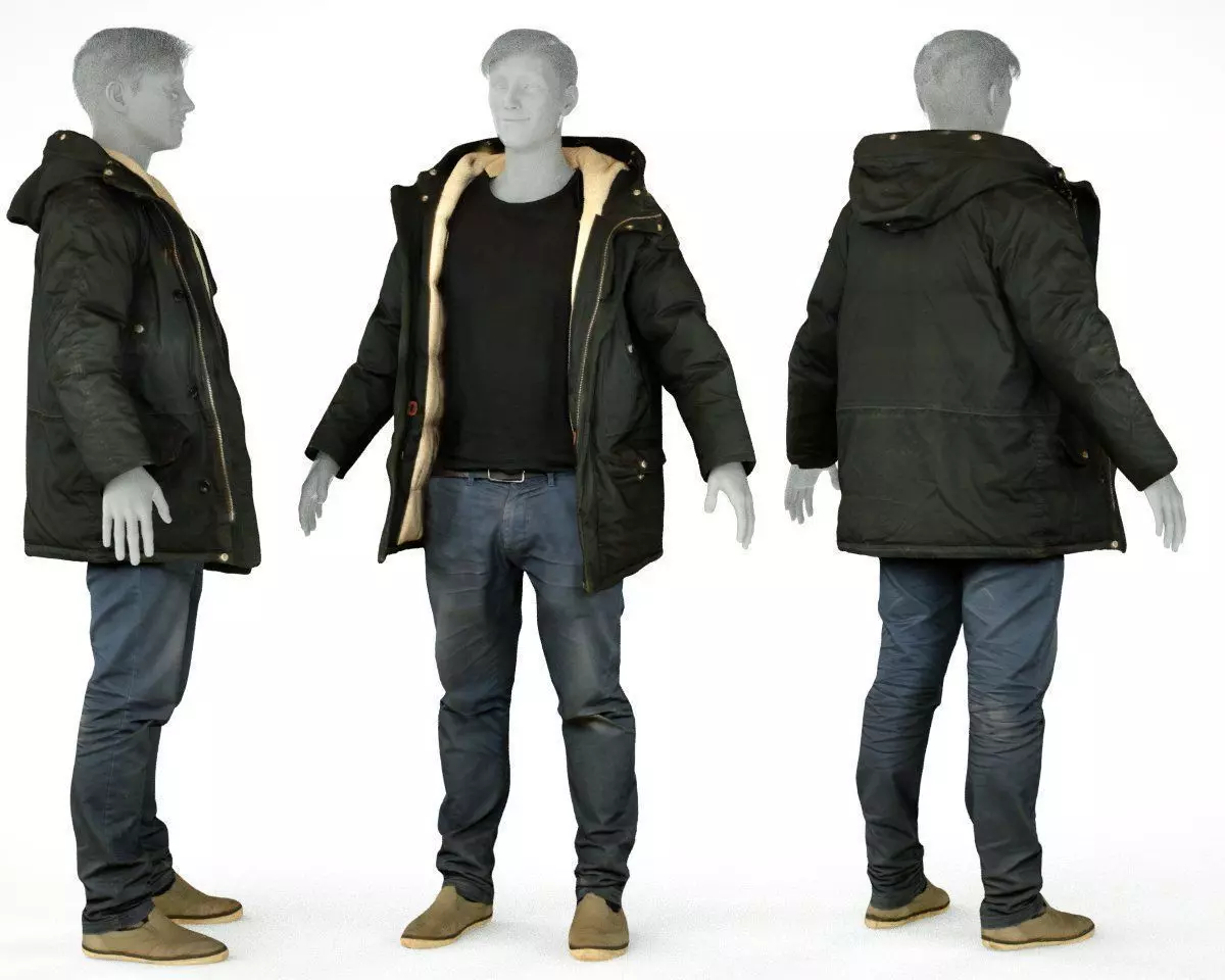 Male Casual Outfit 65 Coat Jeans Footwear Low-poly 3D model_0