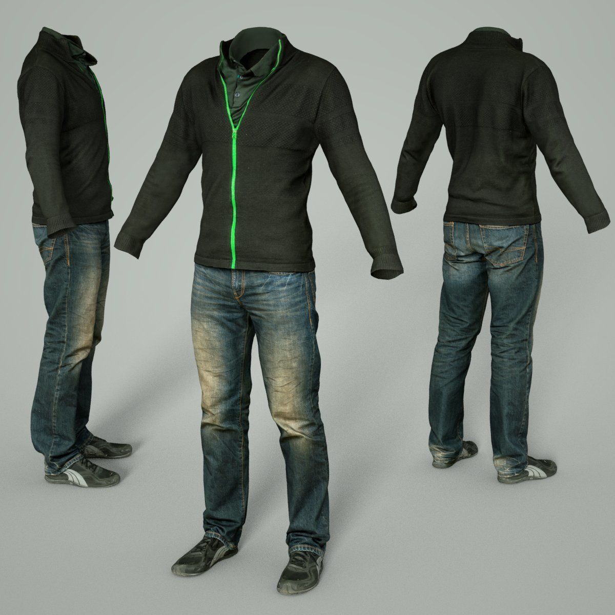 Male Casual Outfit 66 Pull Jeans Shoes Low-poly 3D model_7