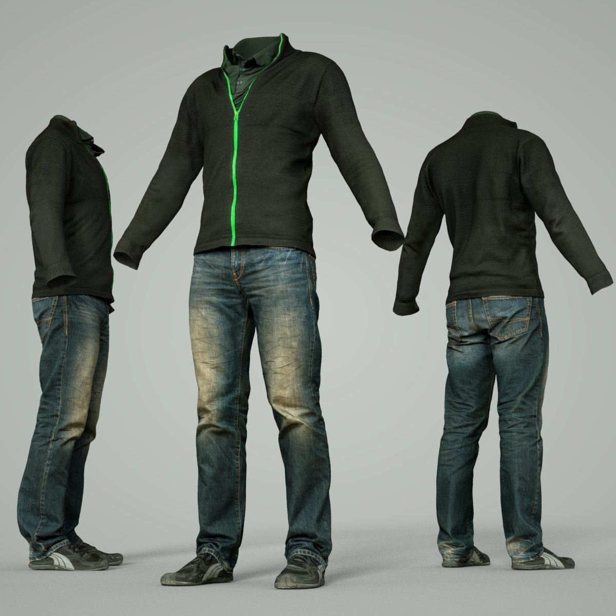 Male Casual Outfit 66 Pull Jeans Shoes Low-poly 3D model_3