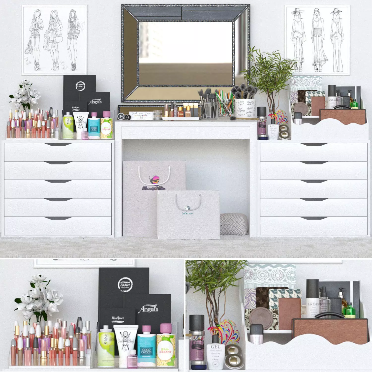 Dressing table and cosmetics 3D model