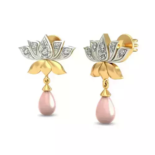 Lotus Shaped Gold Drop Earrings With Pearl