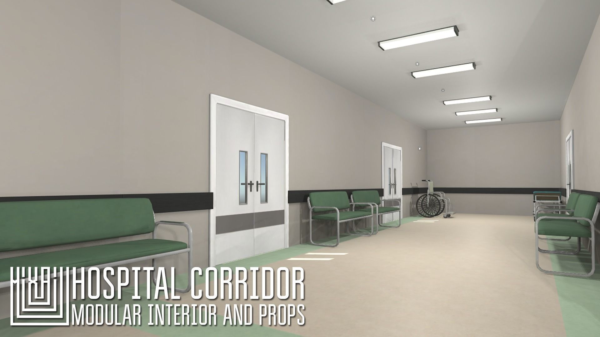 Hospital corridor - modular interior and props Low-poly 3D model_7