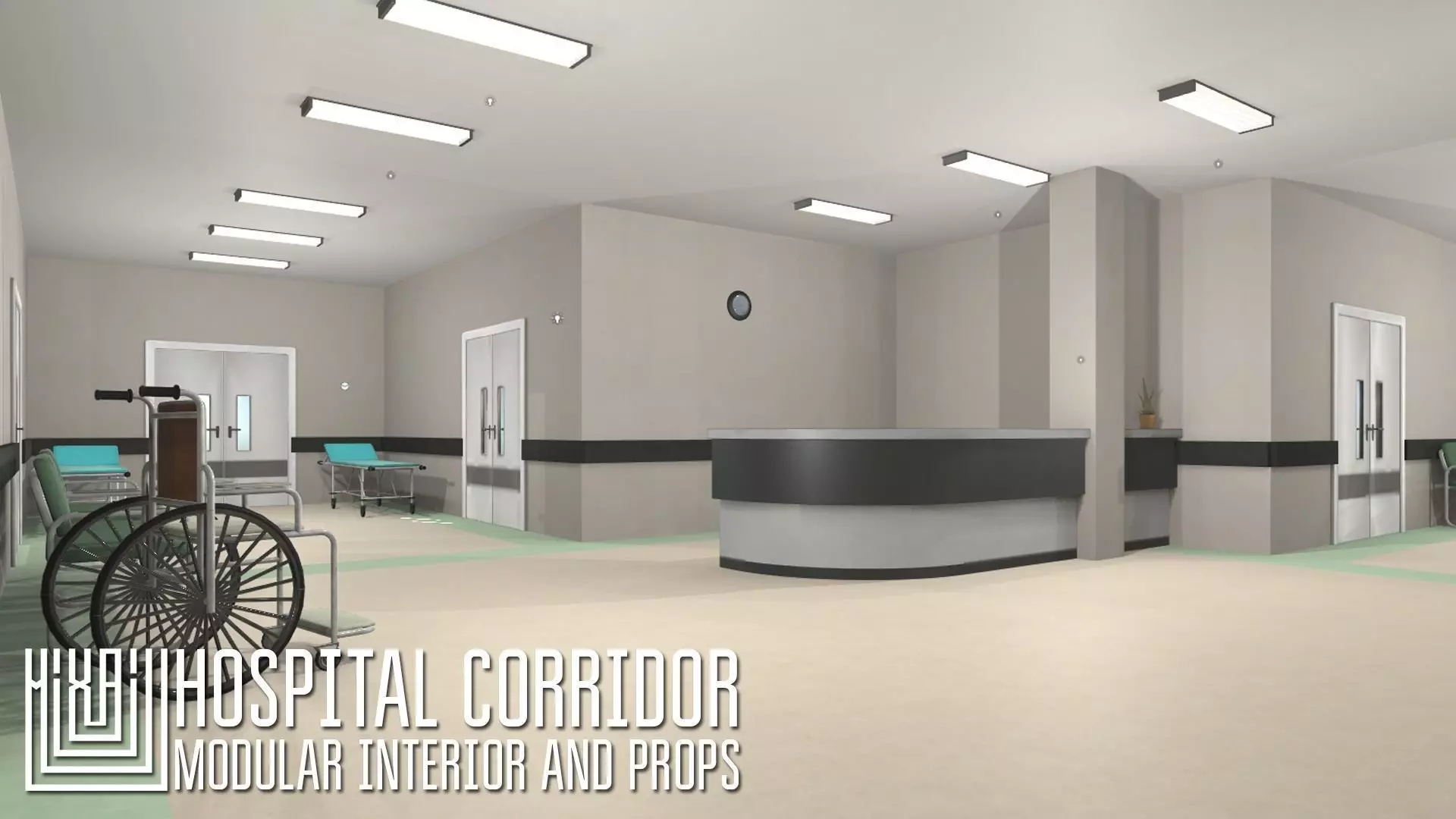 Hospital corridor - modular interior and props Low-poly 3D model_0