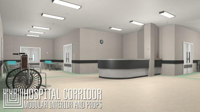 Hospital corridor - modular interior and props Low-poly 3D model