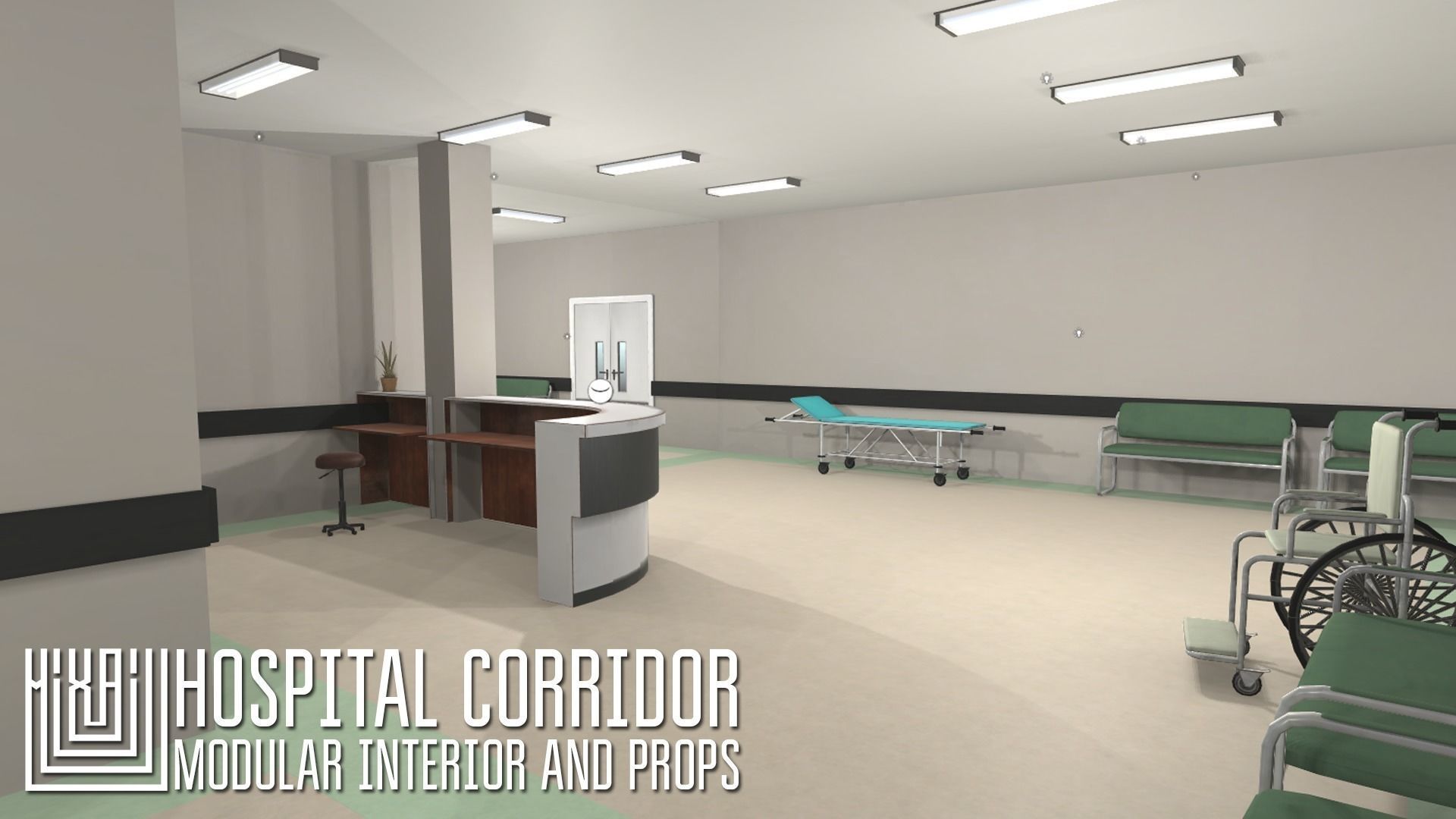 Hospital corridor - modular interior and props Low-poly 3D model_4