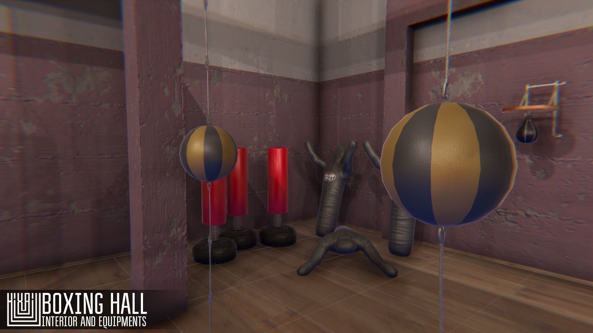 Boxing hall - interior and equipments Low-poly 3D model_1