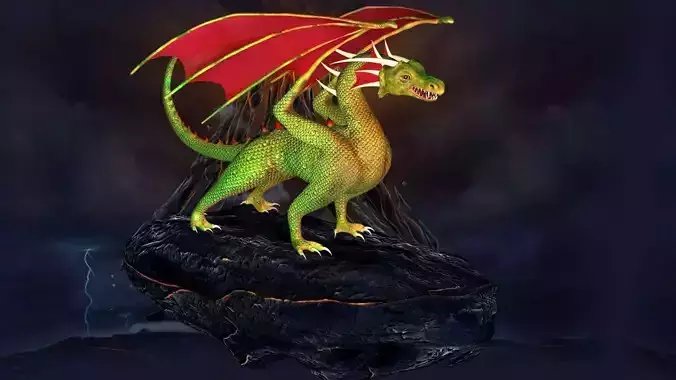 Dragon floating on a volcanic rock