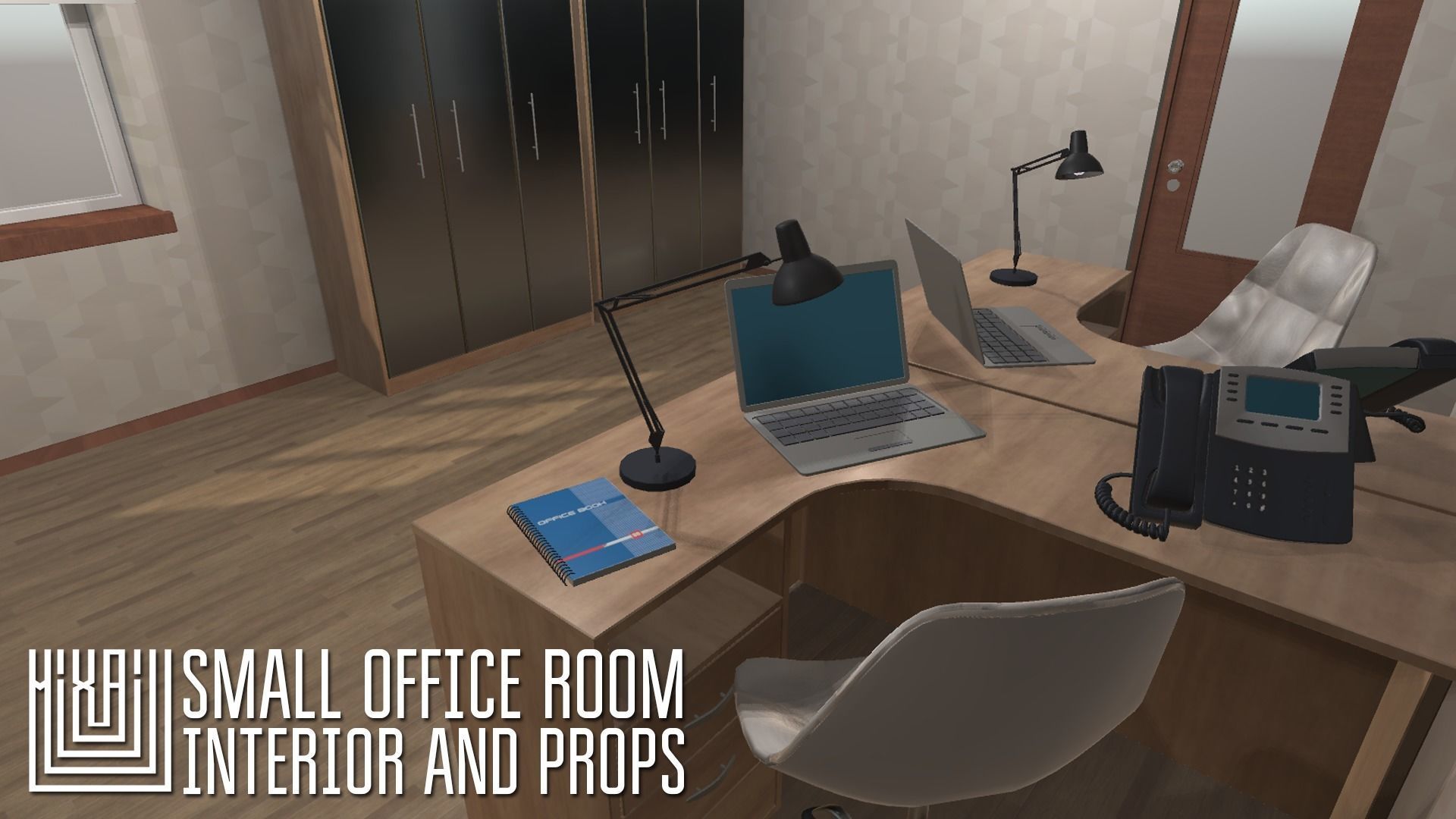 Small office room - interior and props Low-poly 3D model_4