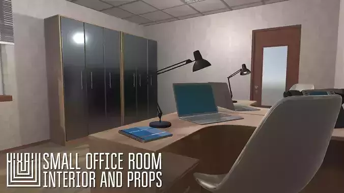Small office room - interior and props Low-poly 3D model